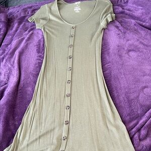 SO Olive Ribbed Button-Front Scoop Neck Dress